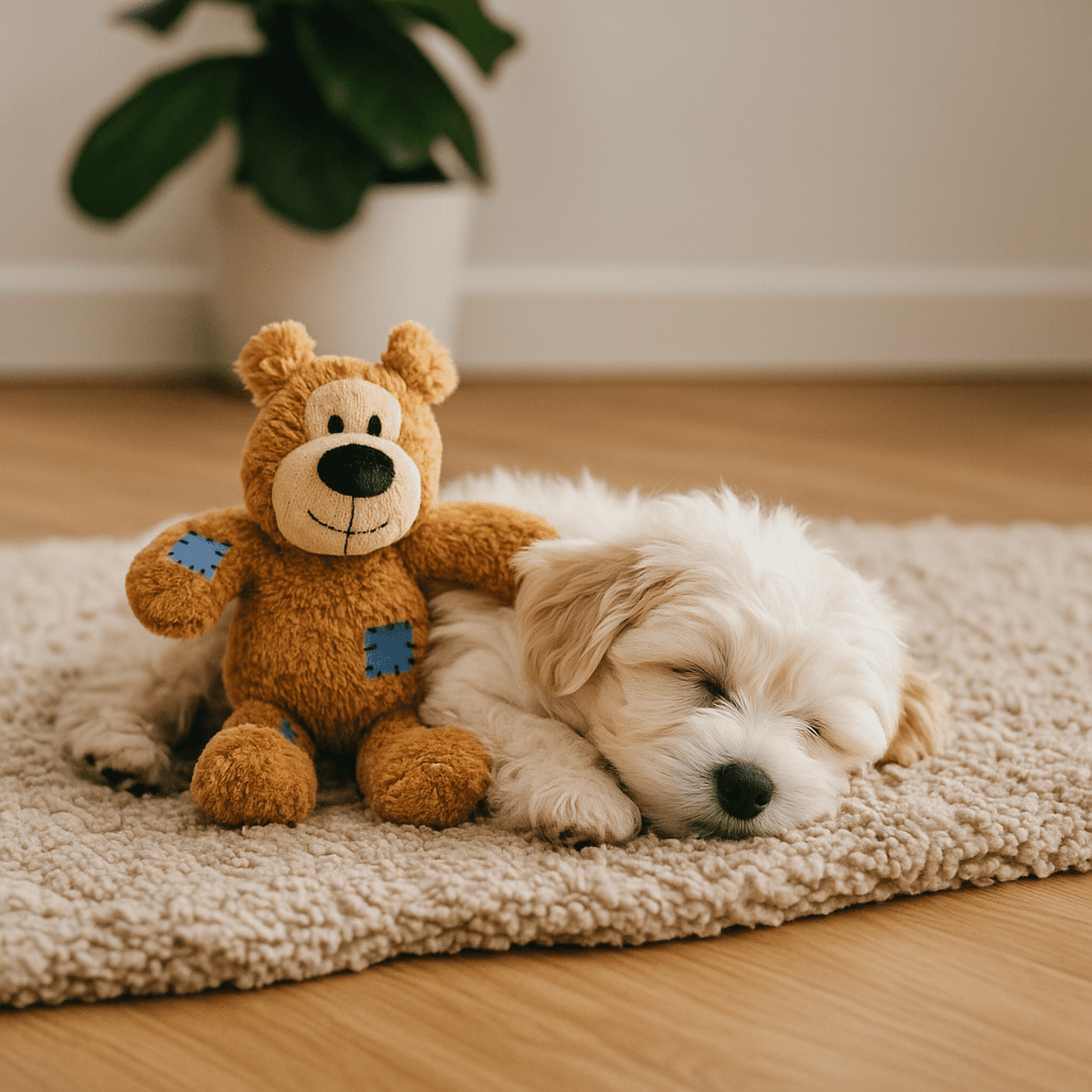 Liten valp sovende med brun KONG Wild Knots Bjørn