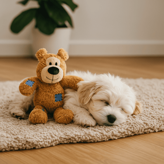 Liten valp sovende med brun KONG Wild Knots Bjørn