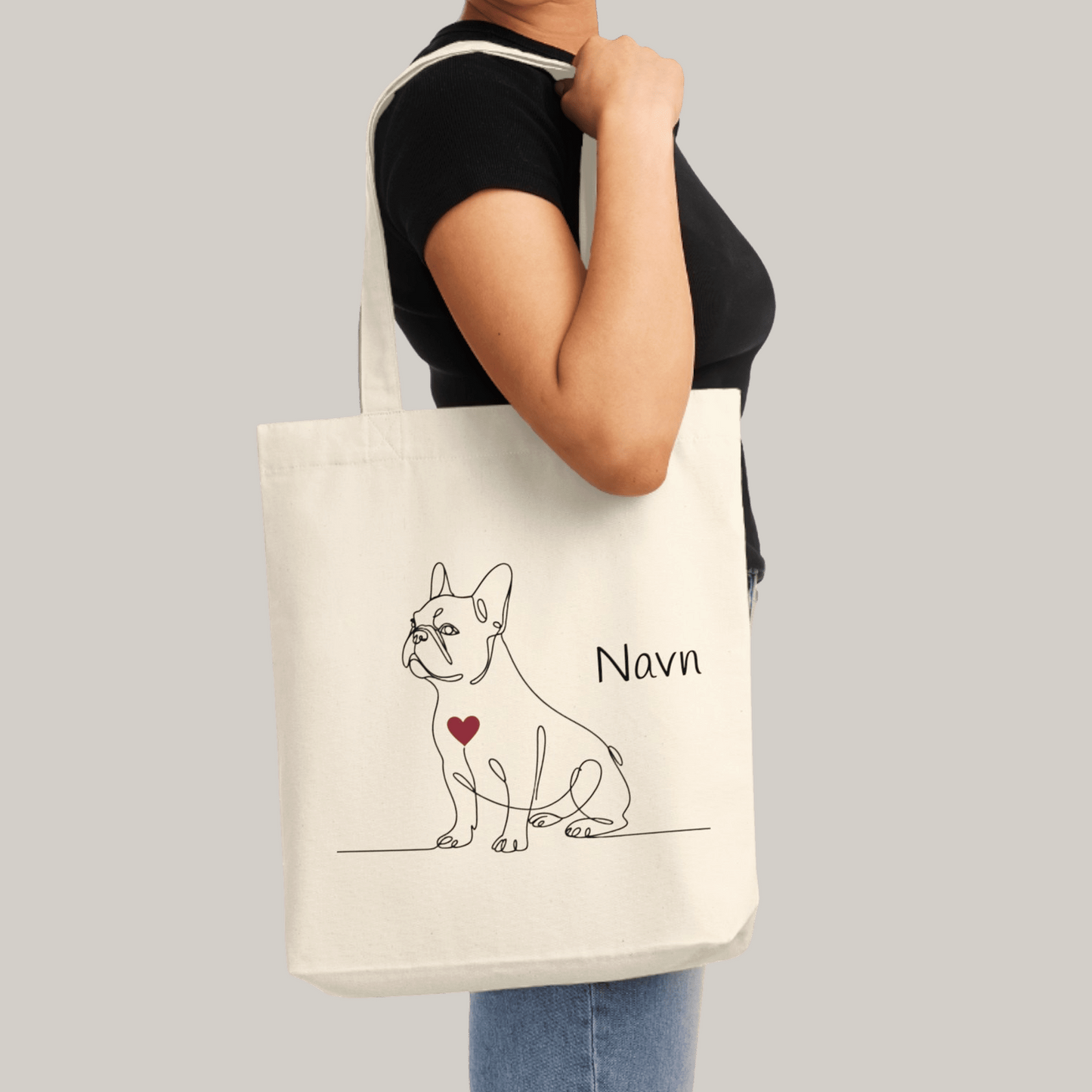 Tote bag med hundeprint og navn – Fransk Bulldog.