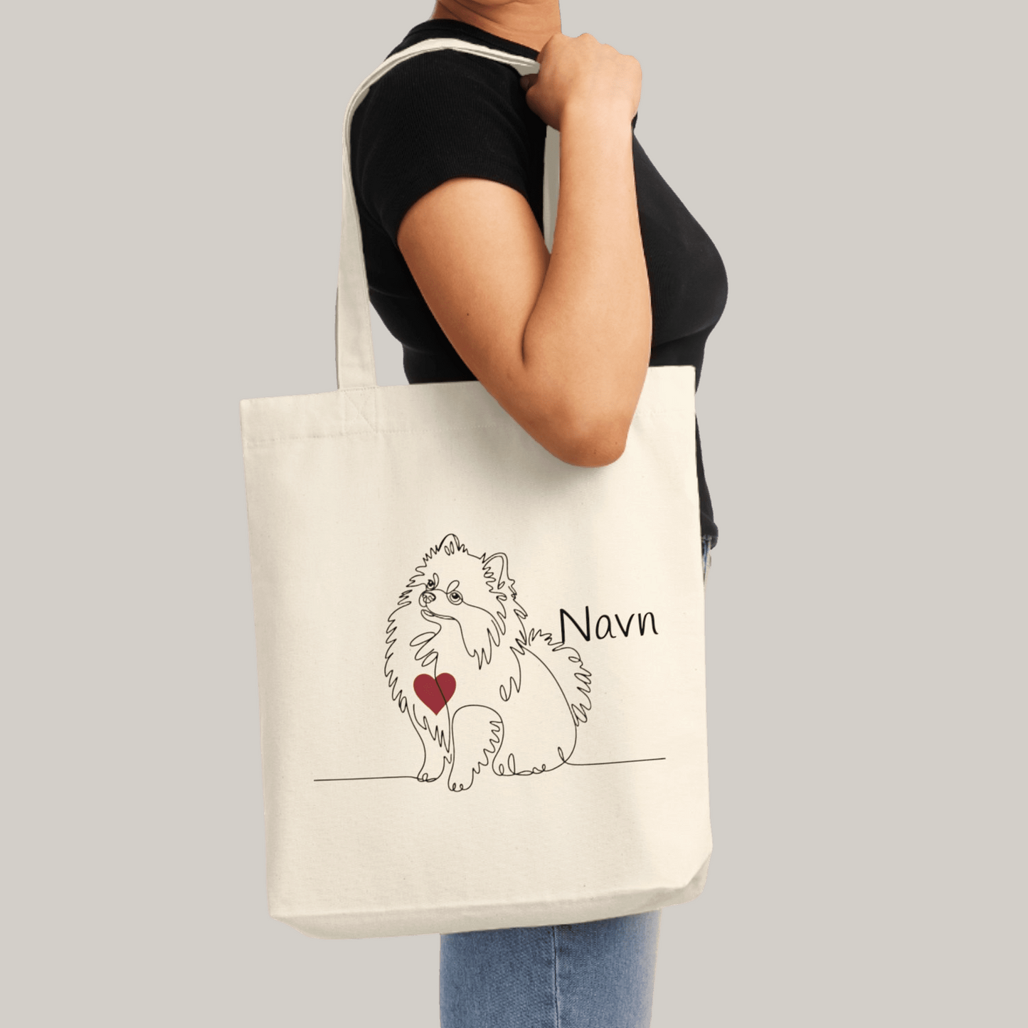 Tote bag med hundeprint og navn – Pomeranian.