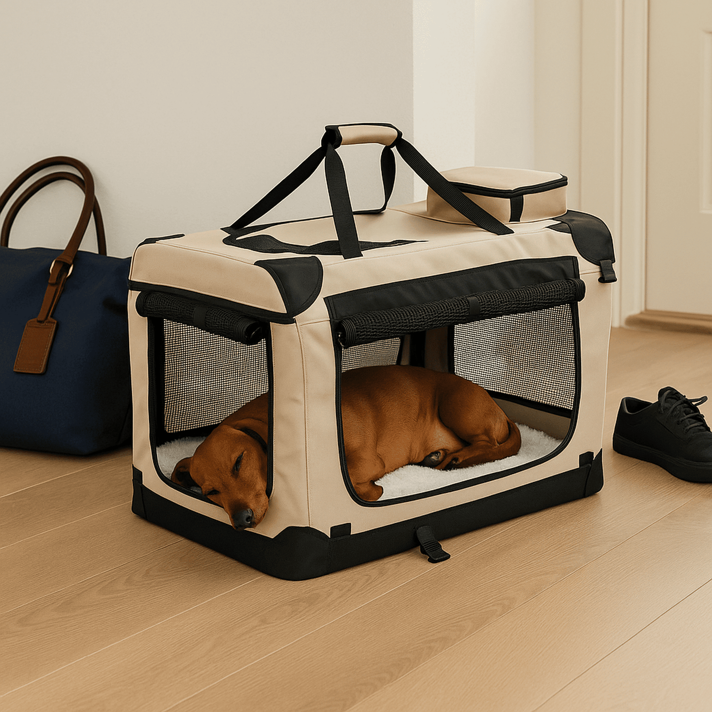 Sammenleggbart mykt hundebur for mellomstore hunder.