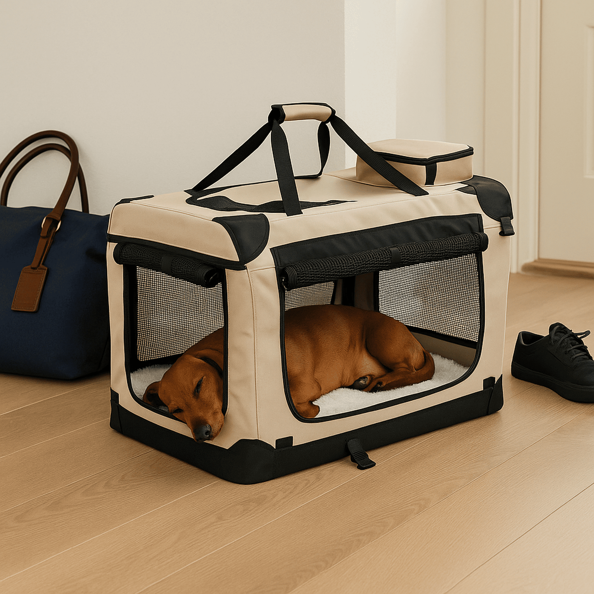 Sammenleggbart mykt hundebur for mellomstore hunder.