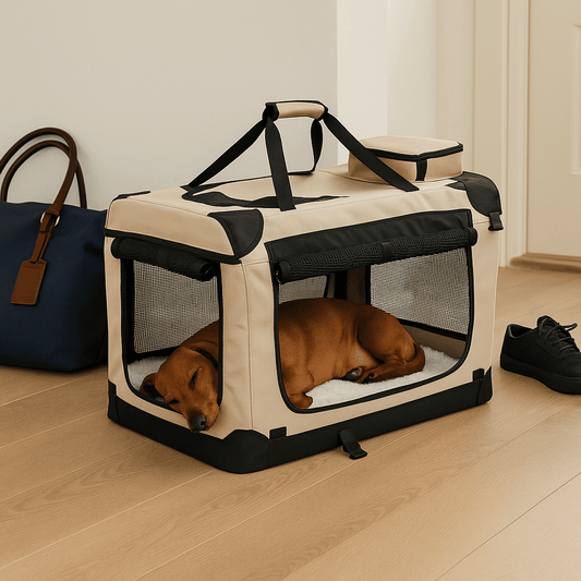 Sammenleggbart mykt hundebur for mellomstore hunder.