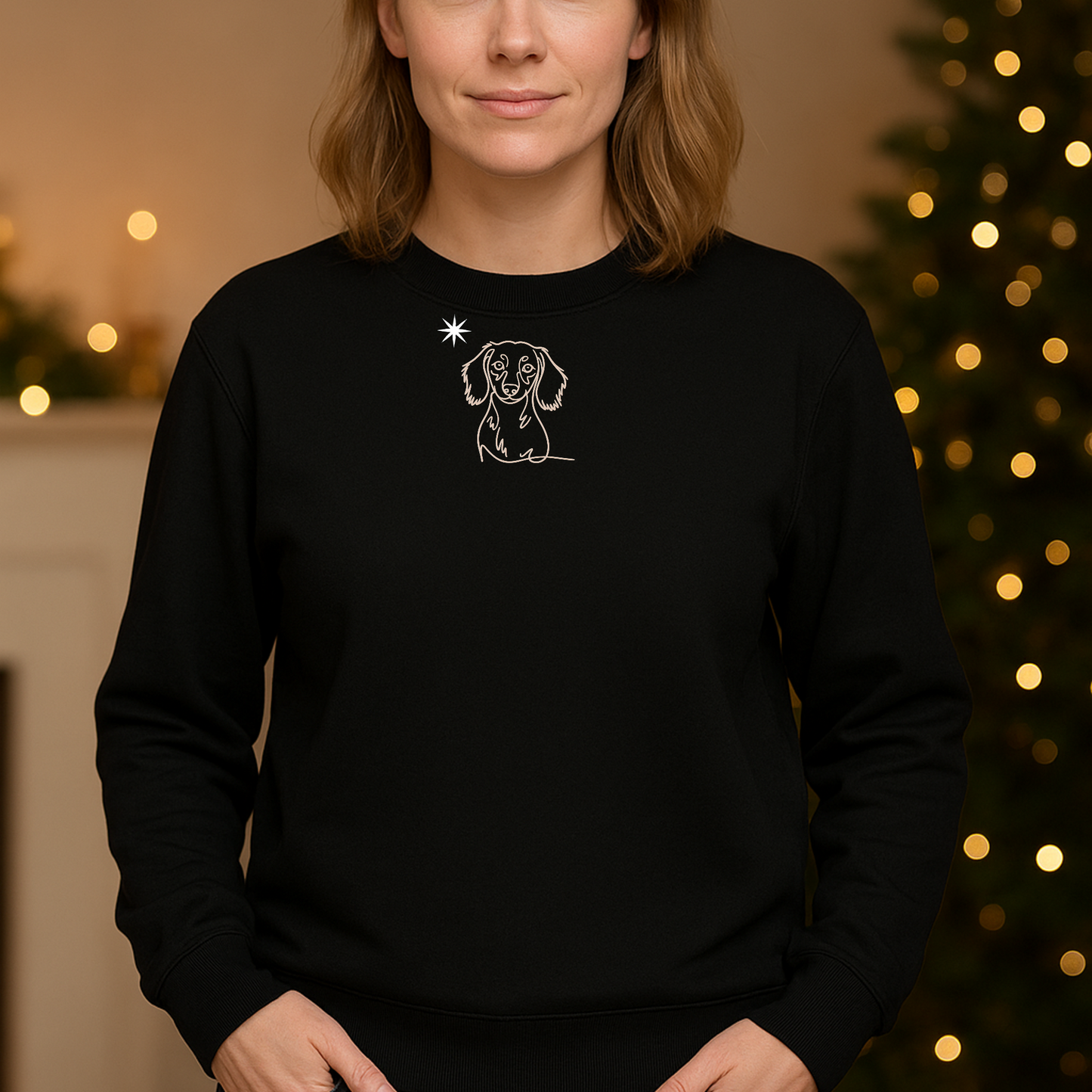 Pawli svart minimalistisk julegenser Langhåret Dachshund