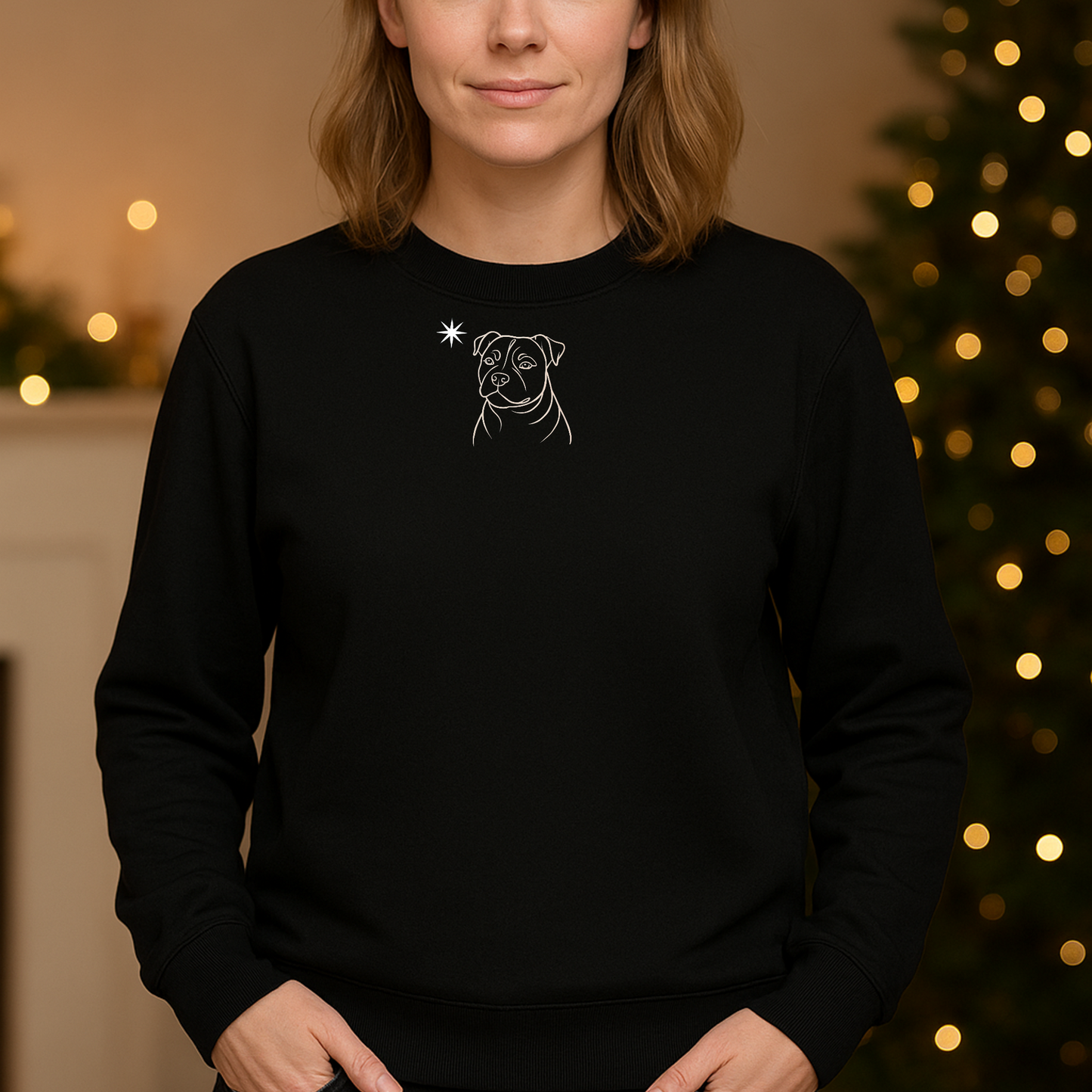 Pawli svart minimalistisk julegenser Staffordshire Bull Terrier