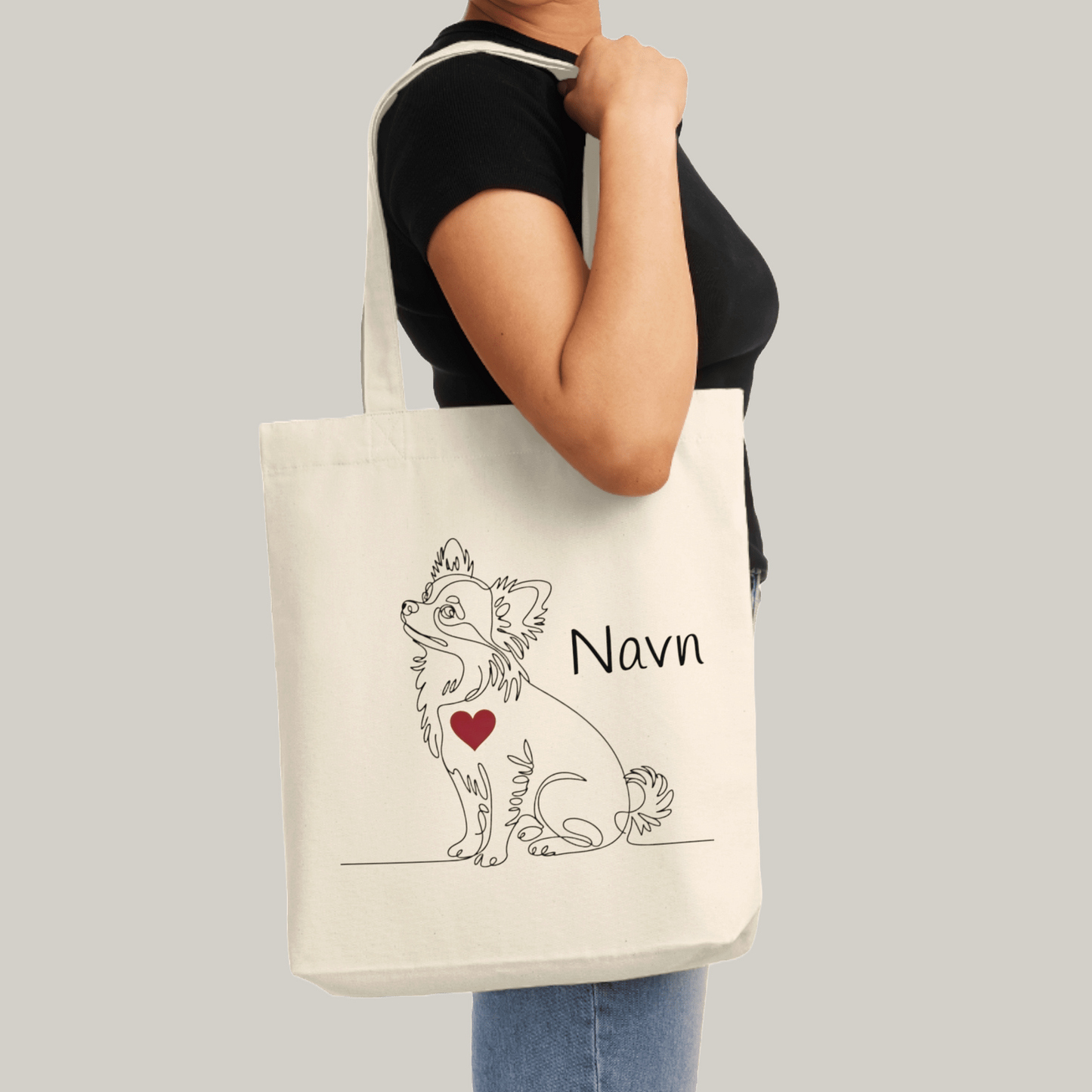 Tote bag med hundeprint og navn – Langhåret Chiuahua.
