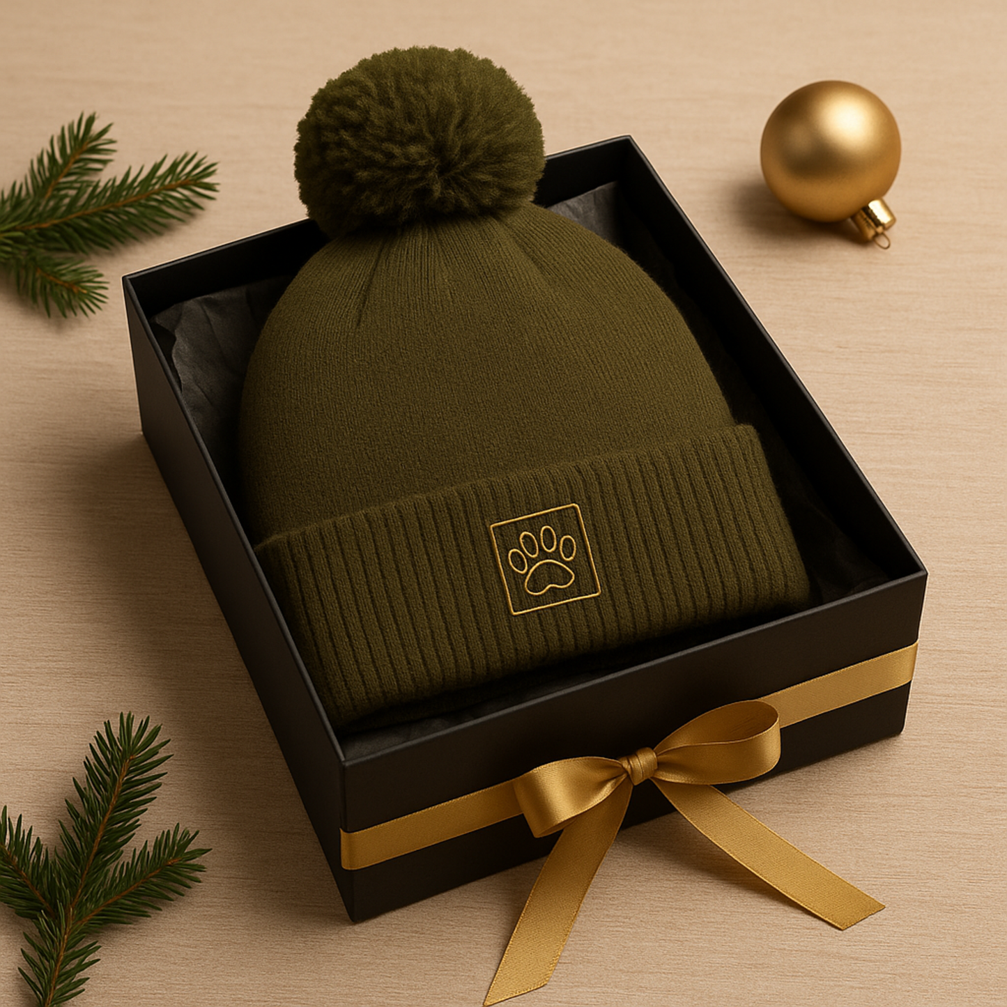 Mosegrønn lue i soft-touch akryl med dusk og brodert hundepote